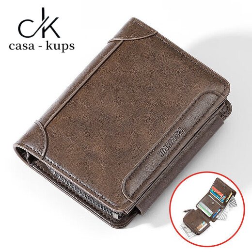 Casa-kupsck Short Wallet Herrenbag 2025 Neues dreifach einfaches Retro Trendy große Kapazitätskarte Reißverschluss Führerschein Brieftasche Kaffeefarbe