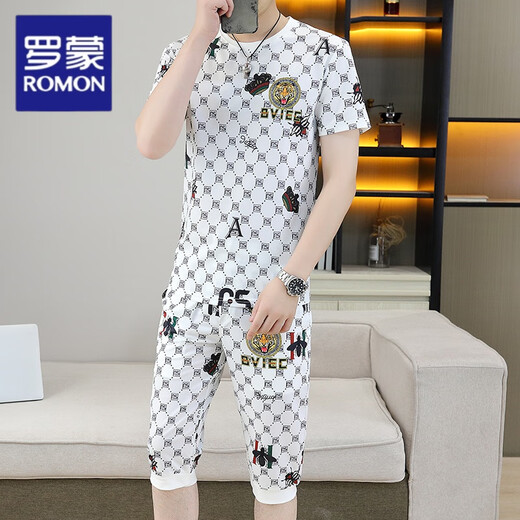 罗蒙男士冰丝七分裤夏季潮流2025新款搭配一套六分裤时尚休闲运动套装 829卡其 4XL