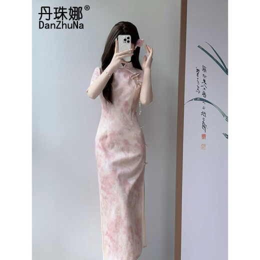 丹珠娜（DanZhuNa）紫色新中式连衣裙2025夏季新款女装少女年轻款改良气质旗袍长裙子 9721粉色旗袍（无饰品） S