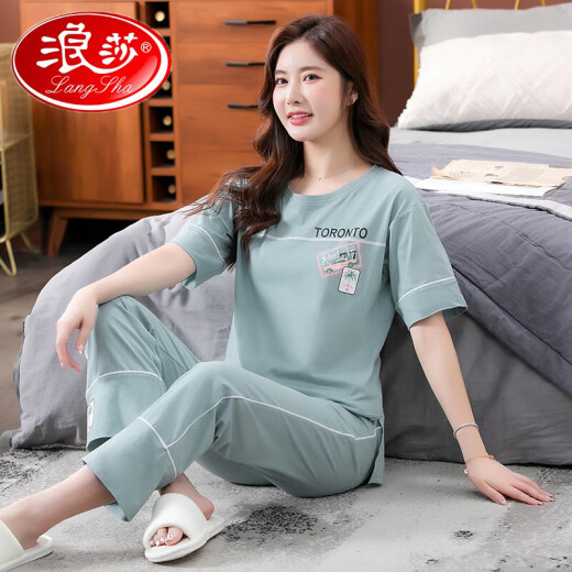 LangSha pajamas for women in summer pure cotton 2025 new short-sleeved trousers home clothing set for thin cotton suit 7374 bean paste powder 2XL X140-160Jin [Jin equals 0.5 kg]