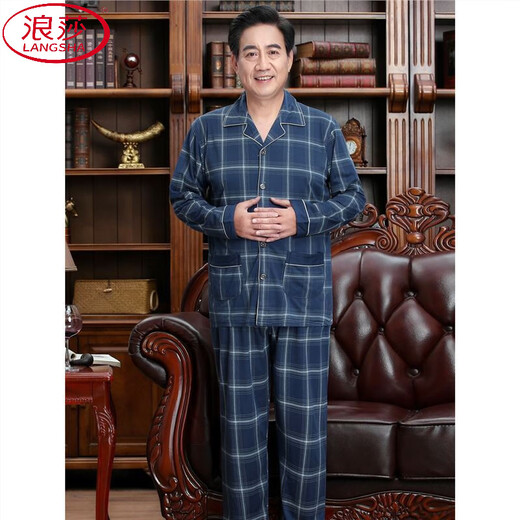 LangSha (LangSha) popular men's pajamas middle-aged dad spring and autumn long-sleeved casual suit autumn cardigan cotton summer middle-aged and elderly people thin 838 M Recommended 90-110Jin [Jin equals 0.5 kg]