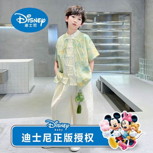 迪士尼（Disney）儿童装男童夏季汉服套装2025新款古风夏装短袖唐装男孩中国风潮装 绿色 时尚休闲 120