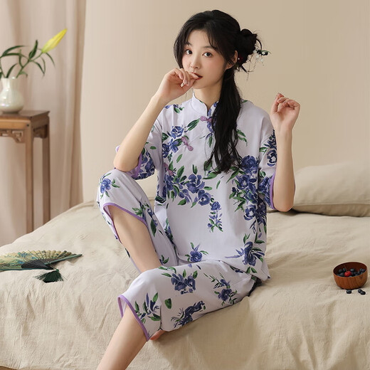2025年新款睡衣女夏天短袖套装国风针织棉七分裤休闲家居服可外穿 9902 M 【80-100斤】