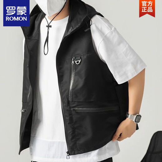 
ROMON 2025 summer new multi-pocket hooded men's vest men's Japanese loose work vest casual and versatile trend black [higher quality than peers] fast shipping XL recommendation [130-150Jin [Jin equals 0.5 kg]]