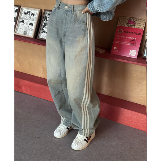 阿迪达斯三叶草女子复古渐变效果水洗牛仔运动长裤JX官方旗舰正品 紫色JX9214 27