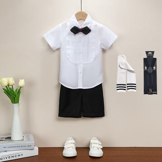 Jiaojing boy overalls suit summer small and medium-sized children kindergarten suit performance host dress shorts men summer 9901 shirt + shorts + red bow tie + strap + medium tube 120 cm