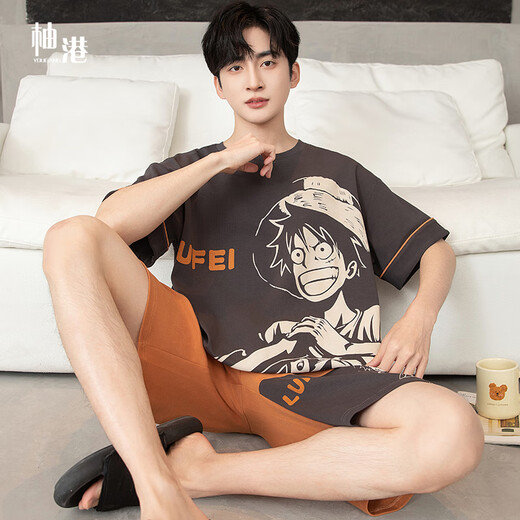 
Yougang pajamas for men in summer short-sleeved pure cotton thin style for teenagers in summer can wear outside and add fat to increase the size of men's home clothes. 1517 L (170cm recommended weight 110-135)