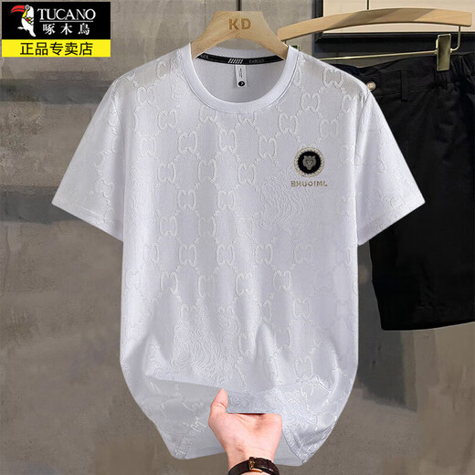 Woodpecker Light Luxury Ice Silk T-shirt à manches courtes Men de couleur masculine Modèle de couleur Solite Européenne Nouveau style décontracté Cool Round Round Cold Court-manche Men Q6628 Café L (suggéré 115-135jin [Jin est égal à 0,5 kg]))