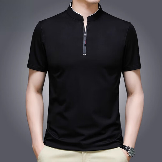 皮尔卡丹（pierre cardin）高端品牌夏季冰丝t恤男立领纯色半拉链韩版中青年休闲上衣polo.衫 P6625哈青色有口袋 M 165 推荐【95-115斤】