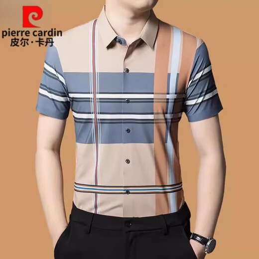 皮尔卡丹（pierre cardin）品牌高档桑蚕丝短袖衬衫男装夏季新款格子休闲免烫高端衬衣男免烫 9856绿色 S 165/80A 建议100-120斤