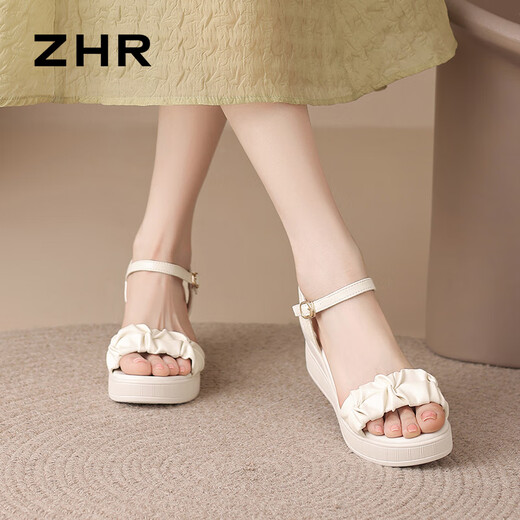 ZHR女鞋夏季凉鞋女外穿厚底坡跟女鞋简约一字带舒适凉鞋 ES29 米色35