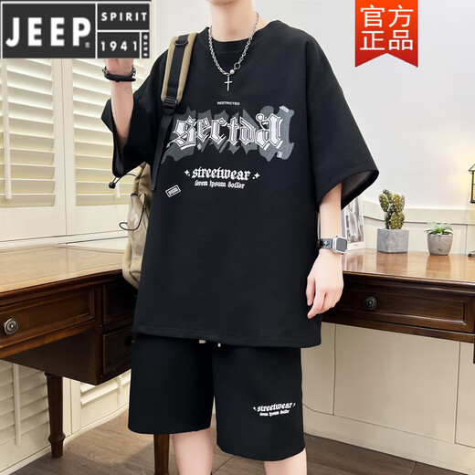 Jeep Spirit Teen Sportanzug Fat Boy 12-15 Jahre alte Schüler der Junior High School Kurzärärmelte T-Shirt 13 Trendy hübscher großer Sommeranzug TZ6630 Schwarz [kurze Ärmel + Shorts] l [105-120jin [Jin gleich 0,5 kg]]