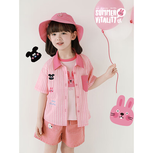 幼悠女童萌宠乐园系列2025夏季简约翻领衬衫复古牛仔短裤多件套潮 卡通短袖T恤粉色（X4859） 120 cm