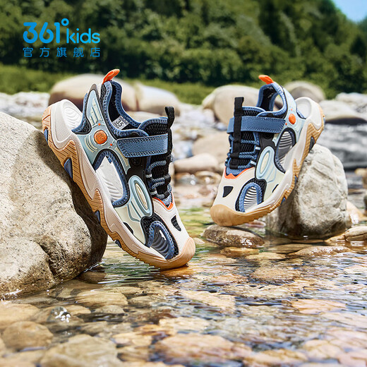 361 Shopping mall same style children's shoes, boys' beach toe-cap sandals, summer new middle and large children's sandals, feather white/carbon black/eternal blue 37