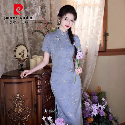 皮尔卡丹2025春夏新款旗袍竹节麻印花中长款旗袍透气小个子年轻款短袖旗袍 826 蓝色 2XL
