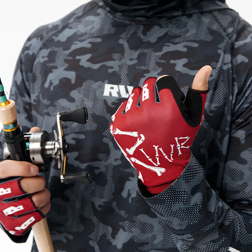 RVVRRVVR New Ice Silk Gloves Outdoor Sunscreen Breathable Luya Fishing Gloves Men's Exposed Five-Finger Anti-wear and Anti-thorn Fish Catch Rising Sun Red M