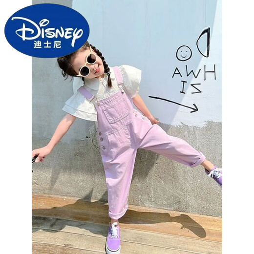 迪士尼(Disney)女童背带裤套装2025夏季新款女宝宝时髦短袖衬衫连体长裤两件套潮 白色衬衫+紫色背带裤 150 3XL 建议身高140厘米左右