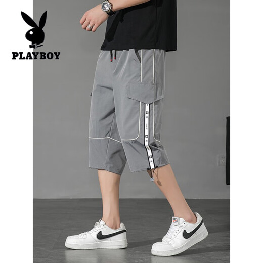 花花公子（PLAYBOY）工装短裤男士夏季薄款冰丝六分七分中裤子潮牌中学生休闲运动马裤 9230灰色 M （75-98斤左右）