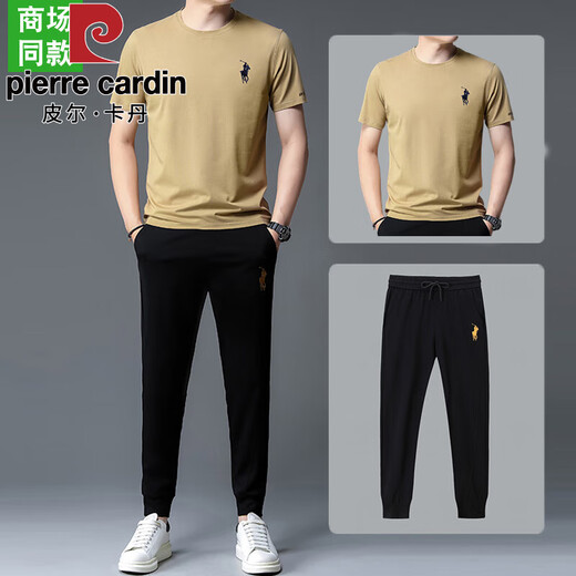 皮尔卡丹【奥莱品牌折扣】保罗休闲运动套装男夏季新款短袖T恤高端两件套 13067黑色短袖+长裤 4XL 190 【建议190-210斤】