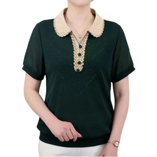 XCFEHT2025 T-shirt de revers d'été Small Shirt avec diamants, tempérament à la mode, haut à manches courtes de la mère lâche et mince pour les femmes, noir / 866 de haute qualité 5xl [145-160jin [Jin est égal à 0,5 kg]]]
