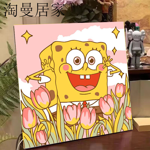 贝意品高颜值数字油画diy海绵宝宝蜡笔小新手工填色简单涂色油彩 FQ719吃好喝好 绷好内框带背板+颜 20cm*20cm