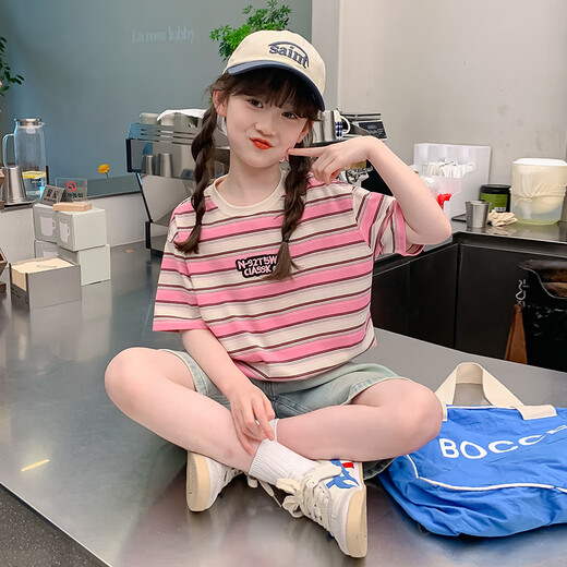 迷你巴拉巴拉（MINI BALABALA）【央妈推荐】女童夏装短袖T恤夏款2025新款女大童条纹半袖儿童夏 DY11980红色 160 cm