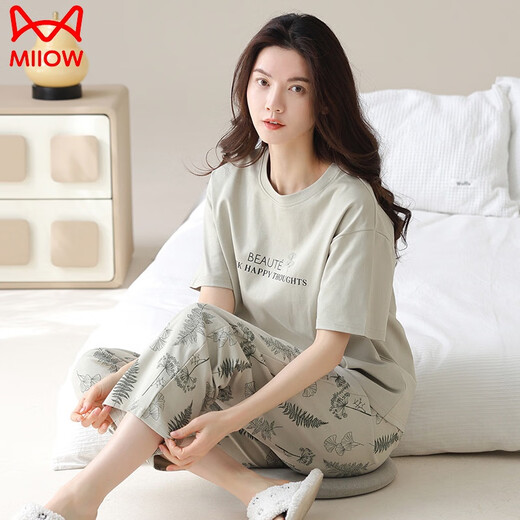 猫人（MiiOW）纯棉睡衣女夏季短袖长裤圆领韩版甜美卡通学生可外穿家居服套装薄 Z9719 M (155-160CM，80-100斤)