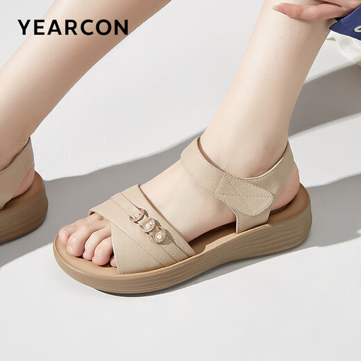 Yierkan Leather Shoes Women's Soft Sole Wedge Flat Shoes Middle-aged Mom Velcro Leather Sandals 11001W Apricot 38