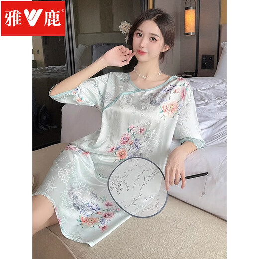 Yalu New Chinese Style Night Dress for Women 2025 New Summer Short Sleeve Thin Chinese Style Night Dress 688-Black and White Butterfly Cool and Silky 2XL 140-160Jin[Jin equals 0.5 kg]