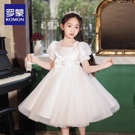 罗蒙毕业演出主持人礼服女童毕业白色公主裙生日花童钢琴 白色120
