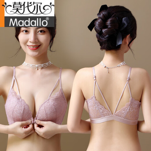莫代尔前扣内衣花边美背蕾丝女士小胸聚拢收副乳防下垂无钢圈文胸罩 黑色单件 M 40/90C【大胸透气0.8C】