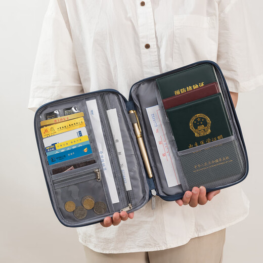 Certificate passport bag portable air ticket ticket clip household registration book sorting bag travel abroad large capacity storage bag small trumpet-navy blue