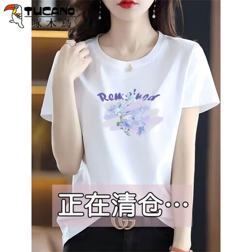 Woodpecker cotton short-sleeved T-shirt women's 2025 summer new loose printed T-shirt summer top 6196 white short-sleeved M (recommended 80-105Jin [Jin equals 0.5 kg])