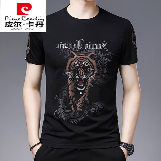 Pier Cardin Camiseta de manga corta impresa de gama alta para hombres en la cabeza de tigre de verano Seda de seda suelta Matepa de carrocería de media manga para hombres Tide de hielo delgado t Funcionario de la marca-829 Letra de rayas Negro-Marca internacional M 165/ Sugirió 95-120Jin [Jin equivale a 0.5 kg]-Marca internacional de la marca internacional