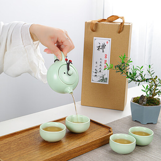 Jingxiangting Ding Kiln Tea Set Ceramic Xishi Pot Gift Box Home Portable Travel Gift Accompanying New Year's Goods Mid-Autumn Festival Gift Xishi Pot Tea Set One Pot Two Cups (Green