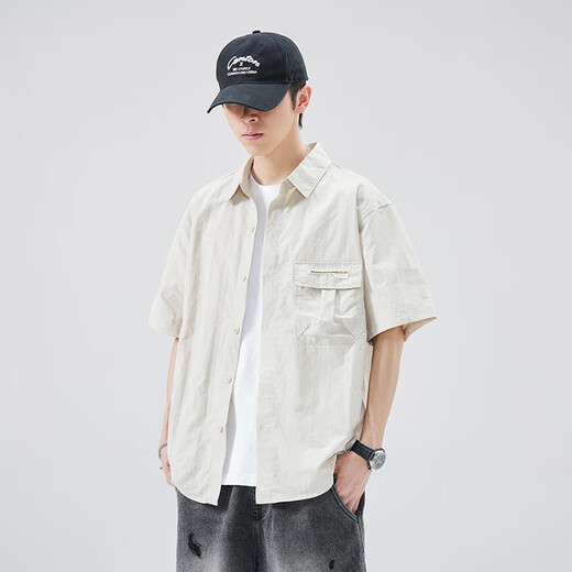 美特斯邦设计感短袖口袋衬衫男夏季日系Cityboy宽松休闲翻领工装衬衣外套 美特斯邦威1105米杏 M 90-104斤