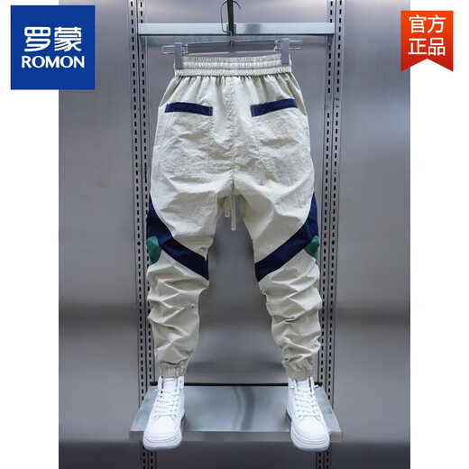 罗蒙（ROMON）男士春秋新款拼色束脚休闲裤松紧腰拼接小脚裤潮流新款时尚哈伦裤 黑色 32 建议135-150斤