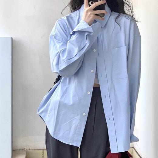 Yu Shang Zhenpin Early Autumn Korean Style 2025 New Long Sleeve Blue Shirt Women's Jacket Shirt Design French Chic Top Shirt Blue M