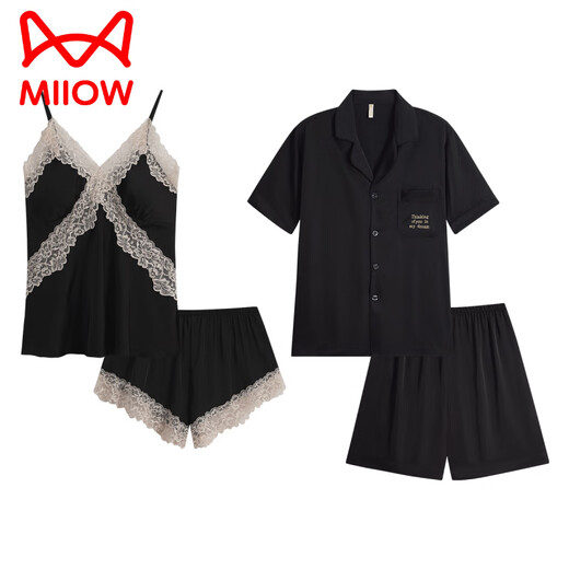 猫人（MiiOW）情侣睡衣春夏冰蚕丝2025年新款女性感吊带短裤家居服男士套装 ADA327吊带短/裤女款DA9901男款 M 女+男L