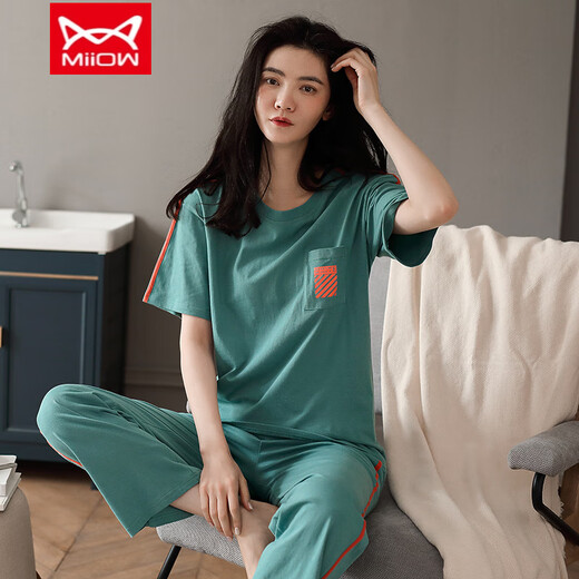猫人（MiiOW）睡衣女夏季纯棉短袖薄款年新款夏天休闲可外穿长裤家居服 7374豆绿 M 【80-100斤】