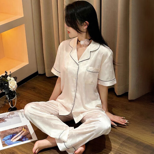 莫代尔气质ins淑女风夏季冰丝睡衣女款短袖长裤纹理感蝴蝶高级感家居服 套YFY9905【面料】 M (建议80-100斤)