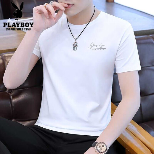 花花公子（PLAYBOY）t恤男士短袖新款男装冰丝夏季速干薄款半袖上衣服夏装体恤衫 D1416白色 M 100斤-110斤