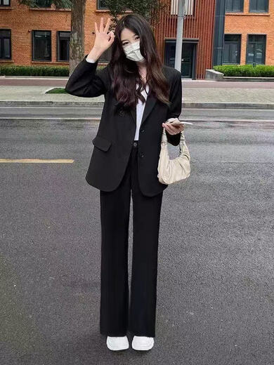 MUYIMING Spring and Autumn New Teaching Work Clothes Formal Defense Interview 2026 Loose Black Suit Suit Business Wear Black Suit + White Shirt + Trousers + Tie (Four-piece Set) S