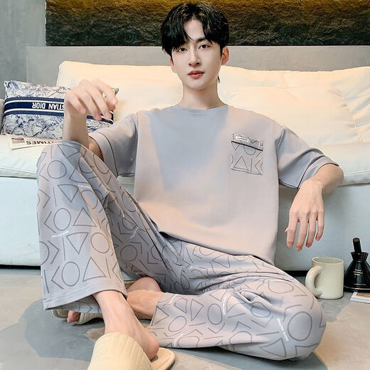 莫代尔纯棉男士睡衣夏季全棉短袖长裤春秋薄款可外穿大码家居服套装 纯棉男士睡衣13077# L [建议体重:100-130斤]