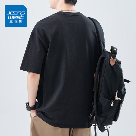 真维斯（Jeanswest）美式潮流短袖T恤男夏季新款印花宽松圆领半袖休闲体恤男装上衣服 黑色5008D XL 【建议130-150斤】