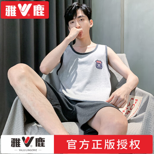 雅鹿睡衣男夏季背心短裤青年学生可外出家居服夏天中老年宽松纯色套装 品牌H9928(短袖短裤) L (建议100-120斤)
