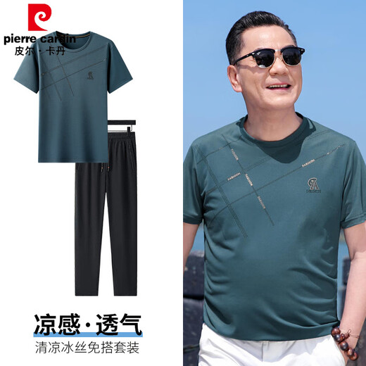Pierre Cardin im mittleren Männer im mittleren Alter T-Shirt Summer Fashion Ice Seide Kurzärärmelte Top Dad Summer Round Neck Loous Casual Sports Anzug [Shorts Set] 698 Blue Grey L /170