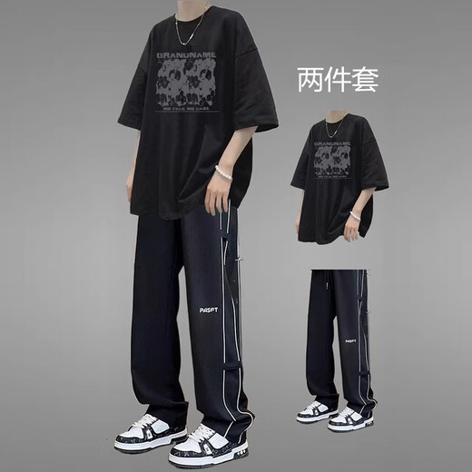 安初夏青少年运动套装男夏季短袖t恤男装2025新款潮流帅气高中学生穿搭 【两件套】1048款纯棉T恤灰+裤黑 XL