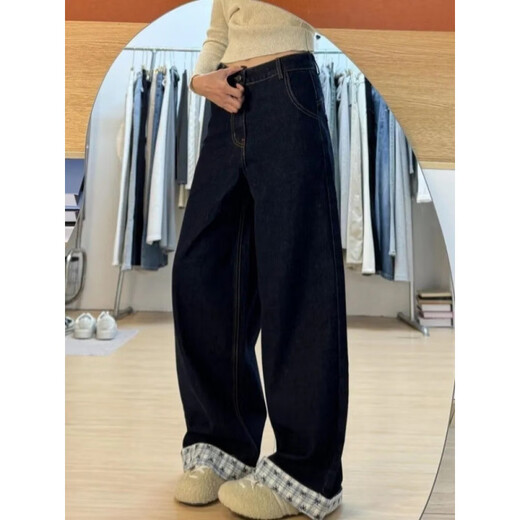 姿伟祺【30天1477件】格子蝴蝶结拼接阔腿牛仔裤女春秋新款不贴腿宽 深蓝长裤【高品质】 M 建议：95-105斤左右