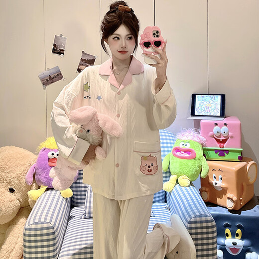 
S.SOFEA Korean style chest pad pajamas women's two-piece set spring and autumn loose college style home clothes A691 175 L